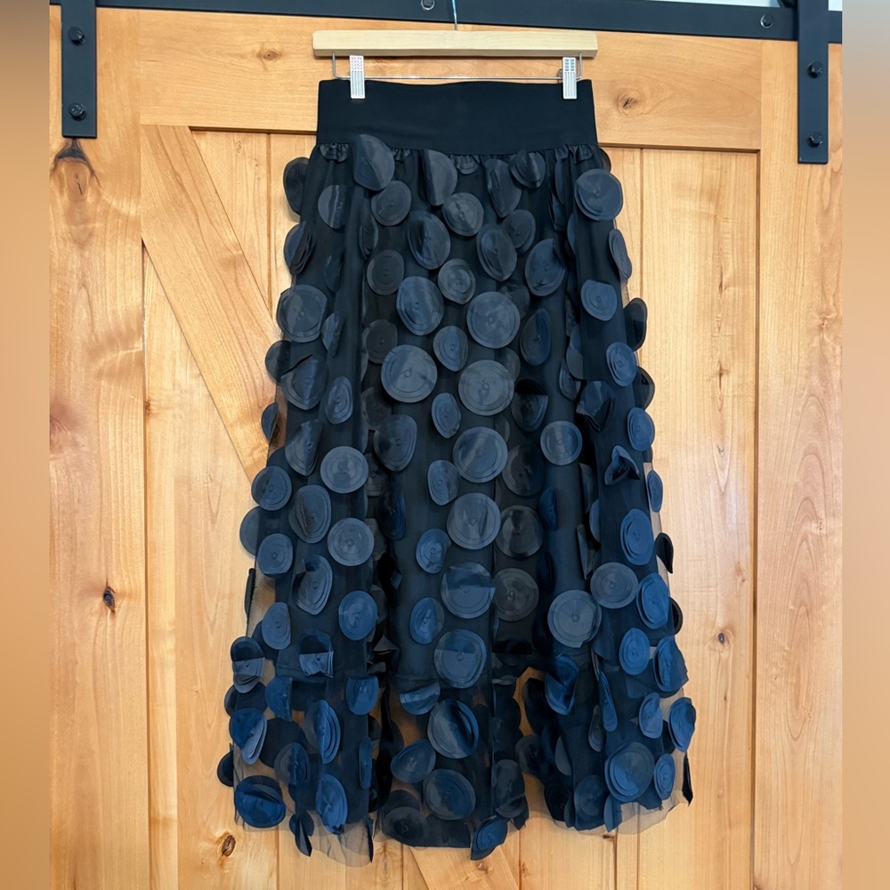 Chic Black A-Line Skirt with Textured Circles